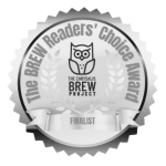 Monochrome badge with an owl logo in the center, surrounded by text: "The Brew Readers' Choice Award, The Chrysalis Brew Project, Finalist.