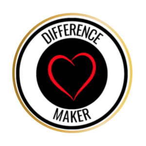 A circular logo with a black background, featuring a red heart in the center. The words Difference Maker are written in bold, black letters at the top and bottom. The design is encircled by a thin, gold border.