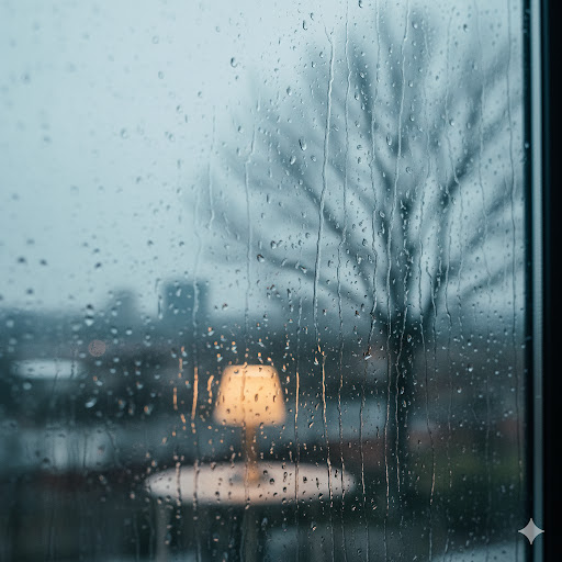 A serene, yet slightly melancholic, shot of rain streaks on a window, with a blurred view of the outside world, conveying contemplation and the feeling of the world moving on.