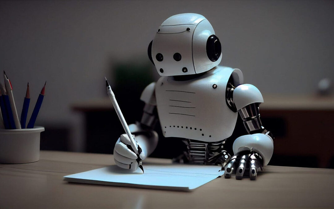 A white humanoid robot sits at a desk, holding a pen and writing on paper. A cup with colored pencils is nearby, and the background is softly blurred, suggesting an indoor workspace.