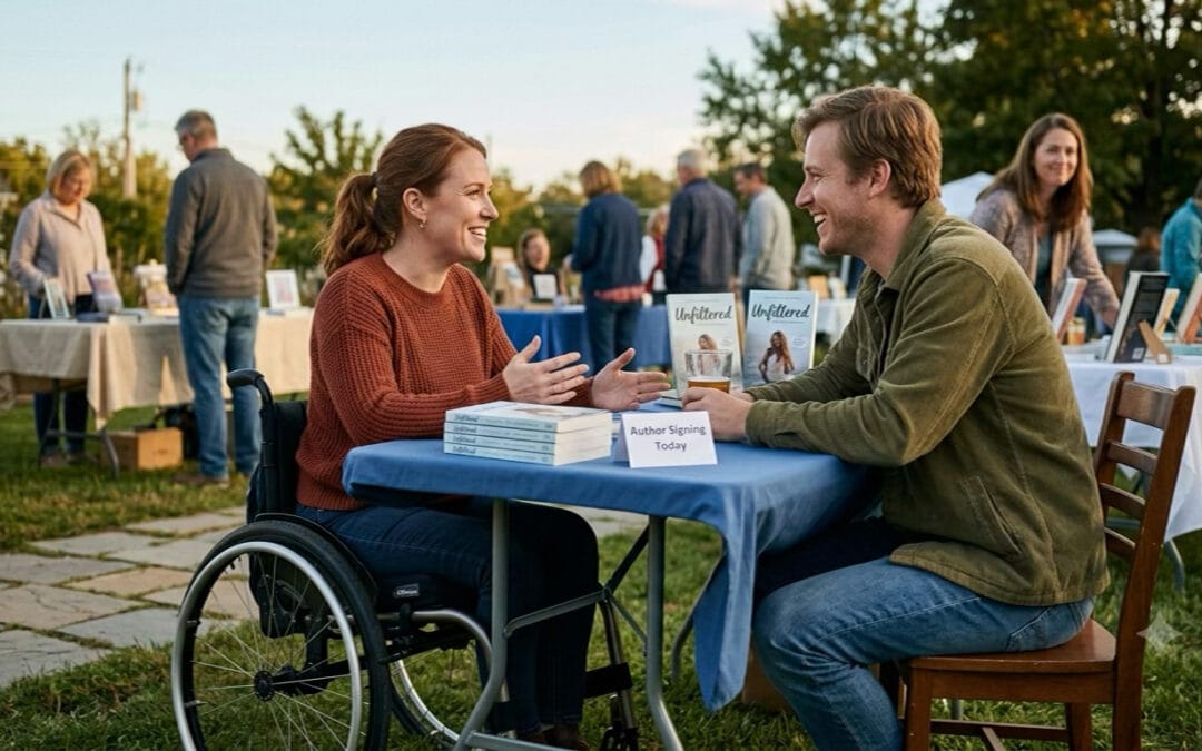 A smiling woman in a wheelchair sits at a table with books, talking to a man across from her at an outdoor book signing event. Other people browse book displays in the background.